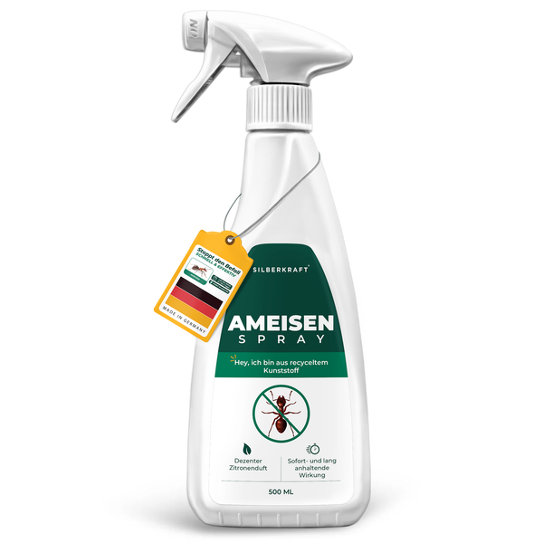 Spray per formiche Silberkraft in un flacone spray bianco con un'etichetta verde e il simbolo della formica, etichettato "Spray per formiche".