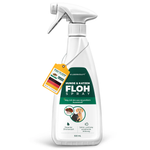 Spray antipulci Silberkraft in un flacone spray bianco con un'etichetta verde che mostra il simbolo di un cane e di un gatto e la parola "spray antipulci".