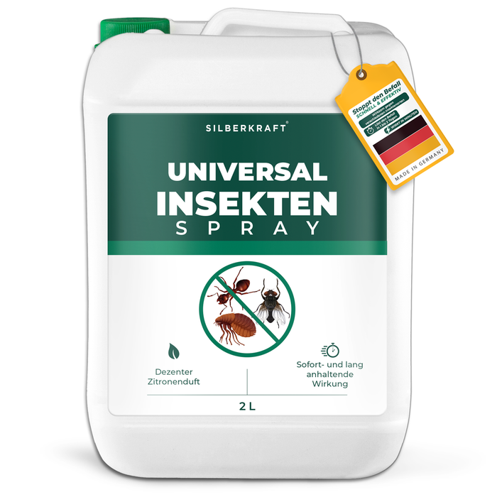 2 litri di spray universale per insetti Silberkraft con effetto immediato e duraturo contro insetti volanti e striscianti. Contiene un delicato profumo di limone, è a base d'acqua e privo di permetrina. Prodotto in Germania con plastica riciclata per una protezione sostenibile dagli insetti.