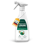Spray antipidocchi Silberkraft per tessuti in flacone spray da 500 ml. Etichetta bianca e verde con la scritta "Per spray antipidocchi sui tessuti" e la nota "Ehi, sono fatto di plastica riciclata". Simboli per il profumo di limone e l'effetto duraturo. Etichetta gialla per rimorchio con bandiera tedesca e scritta "Made in Germany - Arresta l'infestazione in modo rapido ed efficace".