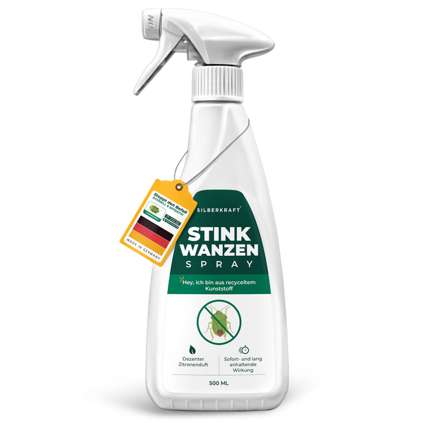 Spray per cimici puzzolenti Silberkraft in un flacone spray bianco con un'etichetta verde e un simbolo di insetto che dice "spray per cimici puzzolenti".