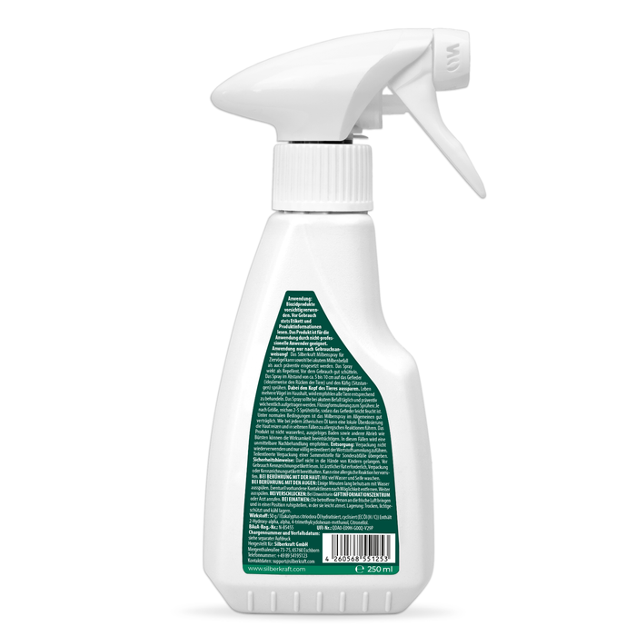 Rückseite einer 250-ml-Sprühflasche eines Milbenmittels für Vögel. Weißer Sprühkopf, grün bedrucktes Etikett mit Anwendungshinweisen, Inhaltsstoffen und Barcode. Produkt von Silberkraft zur Milbenabwehr bei Ziervögeln und Geflügel.