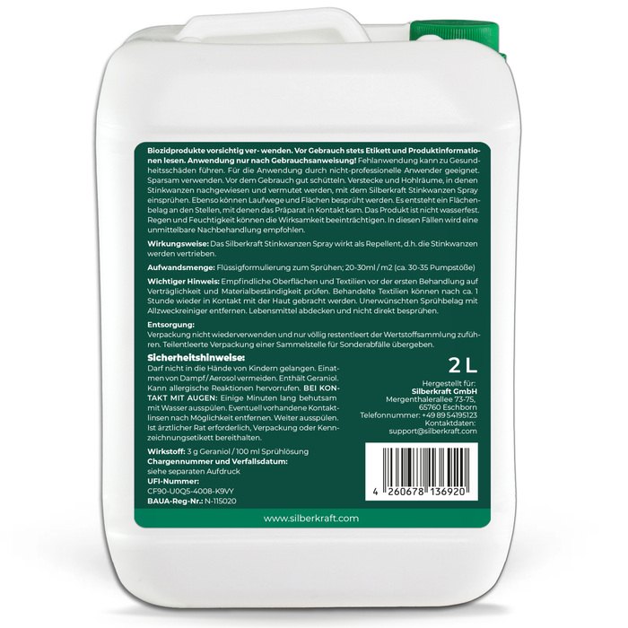 Silberkraft Stinkwanzenspray-Kanister von hinten, um das Produkt aus verschiedenen Perspektiven zu zeigen.