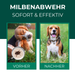 Vergleichsbild zur Milbenabwehr bei Hunden: Links ein leidender Hund, der sich kratzt, mit einer vergrößerten Milbe im Fokus (Vorher-Zustand). Rechts ein gesunder, glücklicher Beagle im Gras (Nachher-Zustand). Effektive Lösung zur Milbenbekämpfung für Haustiere