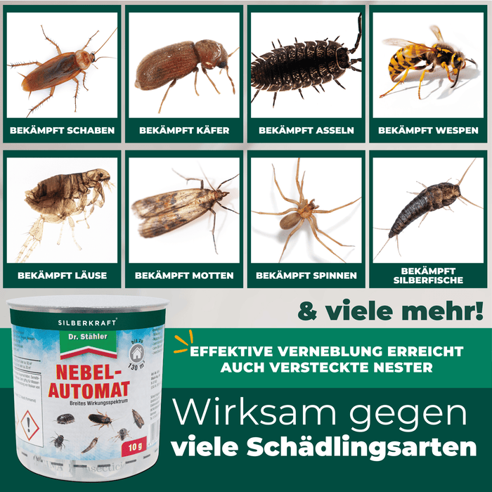 Silberkraft Nebelautomat 10g-20g wirkt gegen Fliegen, Mücken, Motten, Kakerlaken und weiteres kriechendes sowie fliegendes Ungeziefer