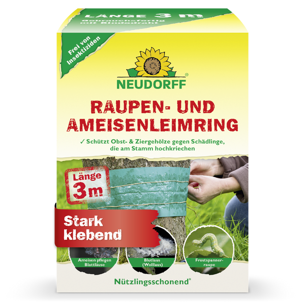 Vorderseite der Produktverpackung vom Neudorff Raupen- und Ameisen Leimring mit Abbildung der Anwendung am Baum