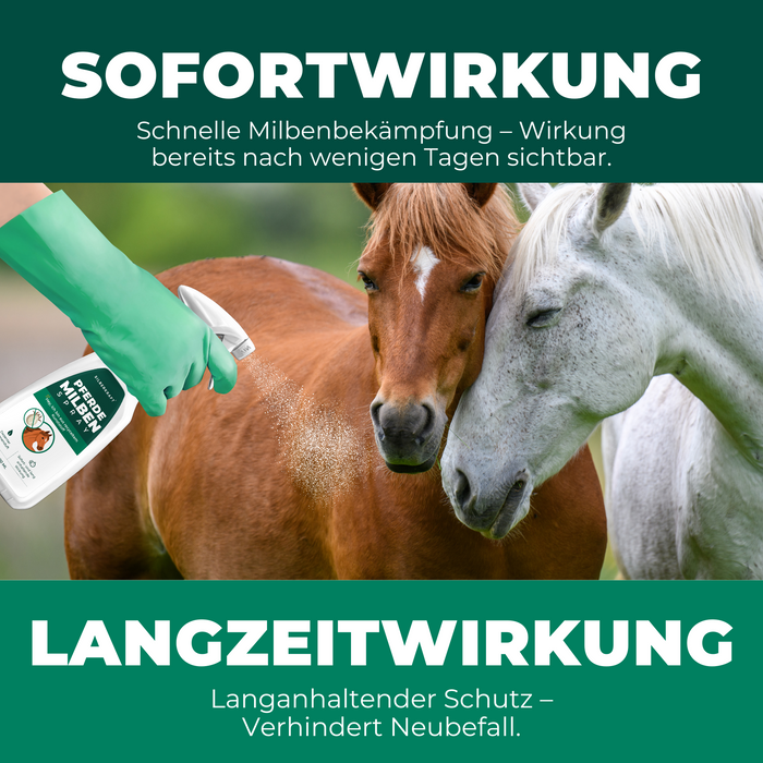 Die Sofortwirkung des Sprays ist schon nach wenigen Tagen sichtbar. Milben werden effektiv bekämpft. Die Langzeitwirkung des Repellents verhindert einen Neubefall. 