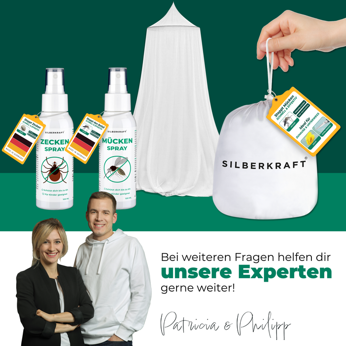 Die Gründer Philipp und Patricia weisen auf unsere Expertenteam hin. Verschiedene Produkte, die zum Mückennetz passen, sind abgebildet.