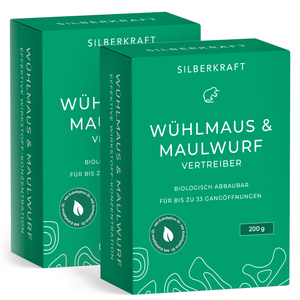 2 Packungen Silberkraft Wühlmaus & Maulwurf Vertreiber – Biologisch abbaubarer Maulwurfabwehr für bis zu 33 Gangöffnungen, mit Eukalyptusöl, 200 g Packung. Effektive Vertreibung von Wühlmäusen und Maulwürfen.
