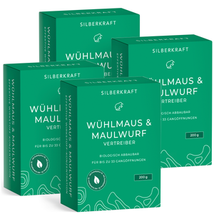 4 Packungen Silberkraft Wühlmaus & Maulwurf Vertreiber – Biologisch abbaubarer Maulwurfabwehr für bis zu 33 Gangöffnungen, mit Eukalyptusöl, 200 g Packung. Effektive Vertreibung von Wühlmäusen und Maulwürfen