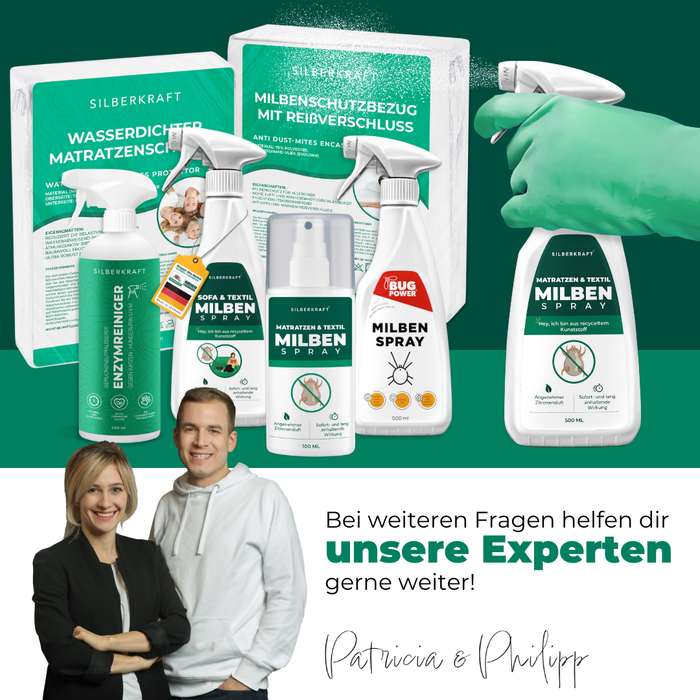 Silberkraft Anti-Milben-Produkte auf einen Blick: Verschiedene Sprays, Matratzenbezüge und Reiniger gegen Milben. Links zwei wasserdichte Matratzenbezüge in grüner Verpackung. Davor fünf verschiedene Sprühflaschen, darunter 'Milben Spray', 'Sofa & Textil Milben Spray' und 'Enzymreiniger'. Rechts oben eine Hand mit grünem Handschuh, die ein Spray aufträgt. Unten lächelnde Experten Patricia & Philipp mit dem Text: 'Bei weiteren Fragen helfen dir unsere Experten gerne weiter