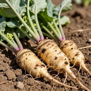 Tre pastinache appena raccolte con foglie riposano sul terreno.