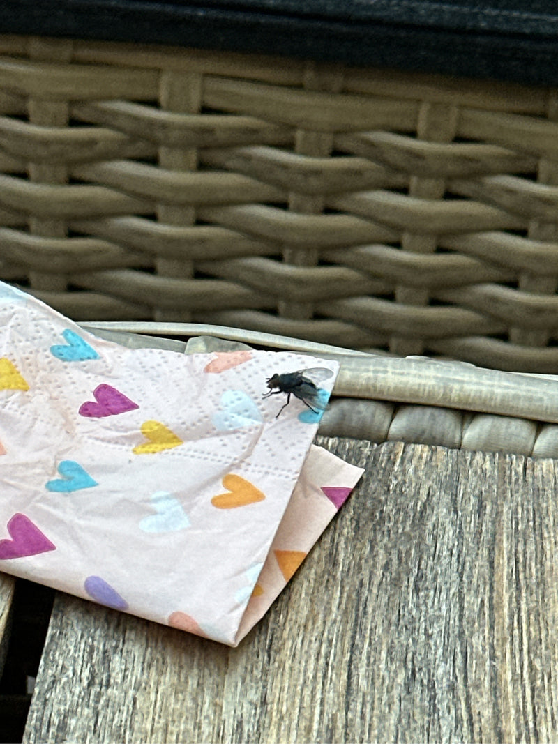 Un zaffiro è seduto su un tovagliolo di carta rosa con cuori colorati. Il tovagliolo poggia su una superficie di legno.