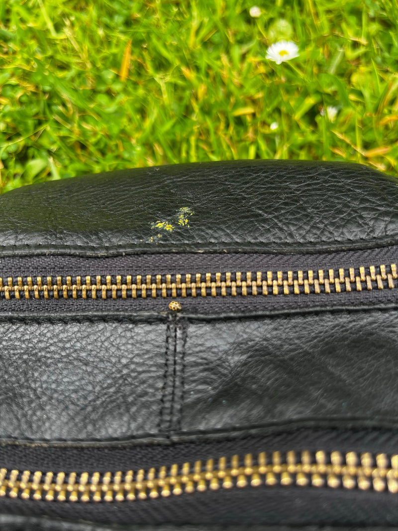 Una coccinella a sedici macchie molto piccola si trova su una borsa di pelle nera vicino alla cerniera. Uno sfondo di prato verde è sfocato.