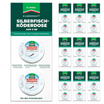 Scatola per esche per pesciolini d'argento Silberkraft AMP 9 RB del Dr. Stähler - vista ravvicinata della confezione con numerose viste dettagliate dei barattoli di esche bianche con etichetta blu e motivo dei pesciolini d'argento, esca inodore e senza spray contro i pesciolini d'argento per una protezione duratura