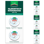 Dr. Stähler Silberkraft scatola per esche per pesciolini d'argento AMP 9 RB - vista della confezione con design verde e bianco e diverse scatole per esche pronte all'uso per la lotta contro i pesciolini d'argento, efficaci fino a 3 mesi, per cucina, bagno e interni