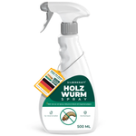 Etichetta frontale del flacone spray antitarlo Silberkraft da 500 ml con simbolo del tarlo, targhetta Made in Germany e nota eBook
