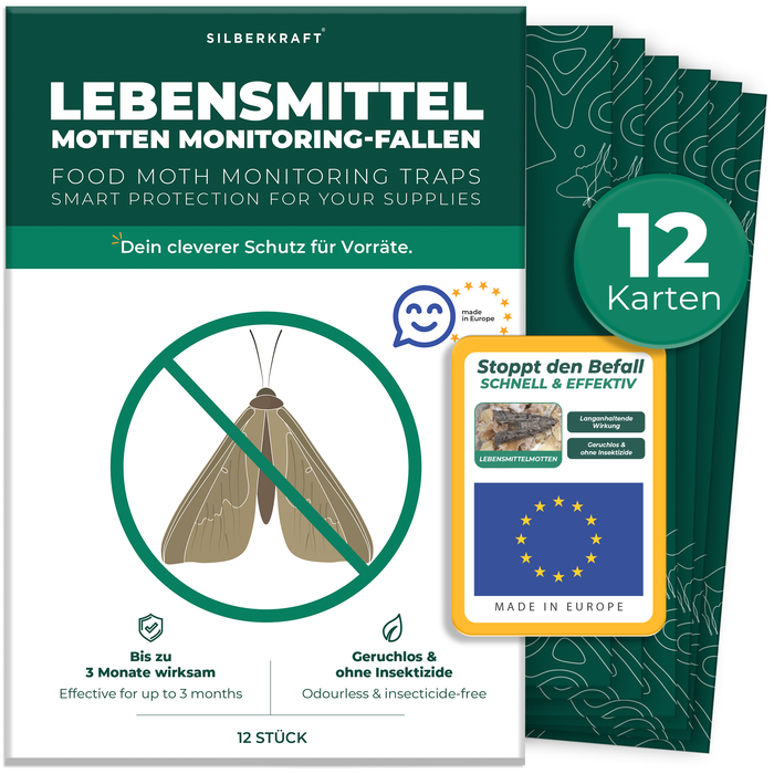 Silberkraft Lebensmittelmotten Monitoring-Fallen 12 Stück – geruchlos, insektizidfrei, bis 3 Monate wirksam für Vorratsschutz