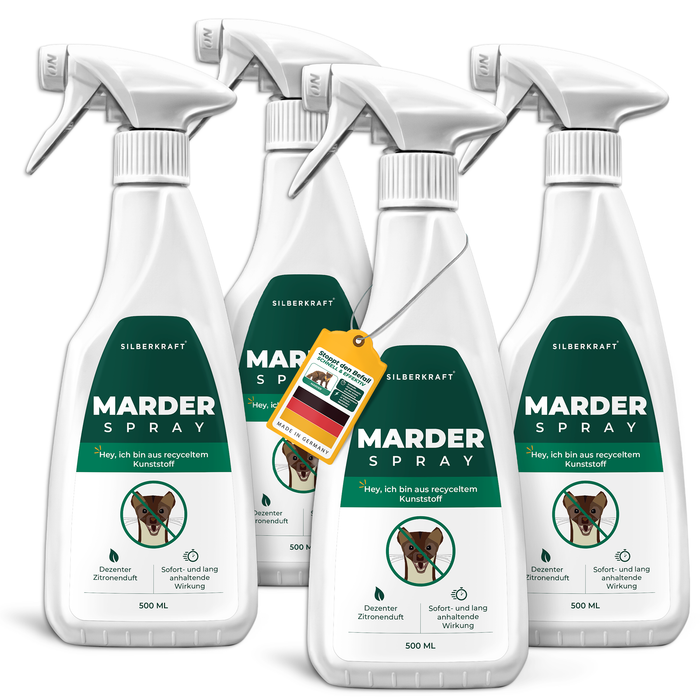 Silberkraft spray per martore da 500 ml in un pratico set da 4: protezione efficace contro le infestazioni di martore nei veicoli e negli edifici. Effetto duraturo