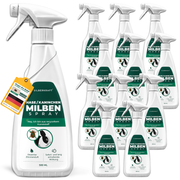Zwölf Flaschen Silberkraft Hase/Kaninchen Milben Spray (500 ml) zur Milbenabwehr bei Kaninchen und Kleintieren. Weißes Flaschendesign mit grünem Etikett, dezentem Zitronenduft und sofortiger sowie langanhaltender Wirkung. Eine Flasche mit Anhänger, der auf 'Made in Germany' und effektive Milbenbekämpfung hinweist.