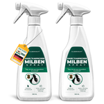 Confezione doppia di spray per conigli/acari Silberkraft – due flaconi spray da 500 ml per repellente per acari per conigli e piccoli animali. Bottiglia dal design bianco con etichetta verde, contiene un delicato profumo di limone e offre effetti immediati e duraturi. Una bottiglia con un'etichetta che indica "Made in Germany" e un efficace controllo degli acari.