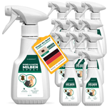 Dodici flaconi di spray antiacaro per cani e gatti Silberkraft con etichetta verde e bianca. Un'etichetta con la scritta "Stop the infestation – Quick & Effective" e una bandiera tedesca indicano che è prodotto in Germania. Lo spray offre una protezione immediata e a lungo termine contro gli acari ed è sicuro da usare.