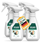 Quattro flaconi di spray antiacaro per cani e gatti Silberkraft con etichetta verde e bianca. Un'etichetta con la scritta "Stop the infestation – Quick & Effective" e una bandiera tedesca indicano che è prodotto in Germania. Lo spray offre una protezione immediata e a lungo termine contro gli acari ed è sicuro da usare.