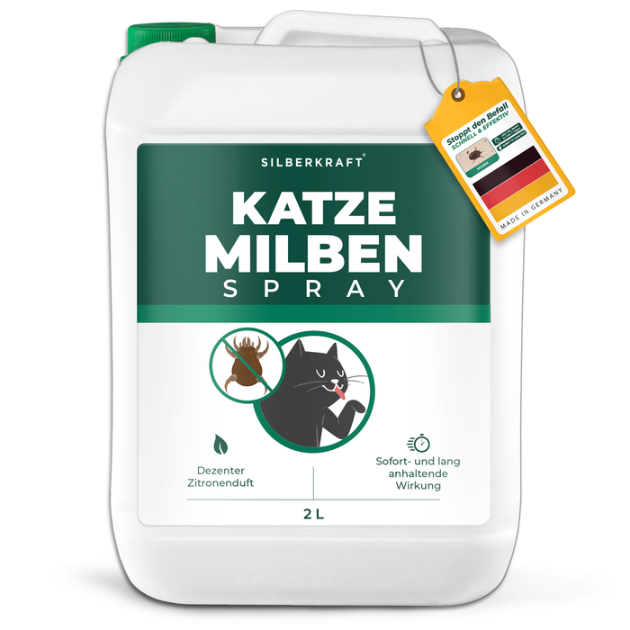 Spray antiacaro Silberkraft in una bomboletta bianca con un'etichetta verde che mostra un gatto e degli acari e su cui è scritta la parola "spray antiacaro".