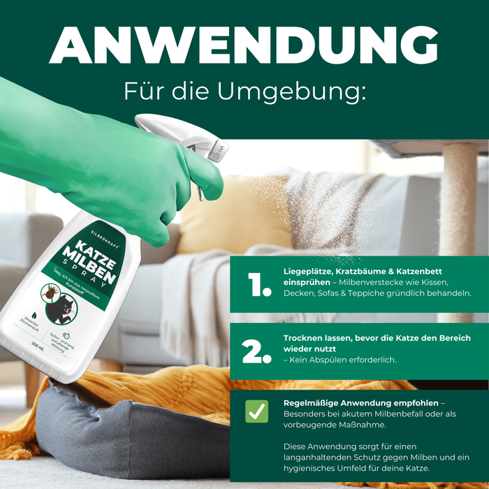 Eine Hand sprüht Silberkraft Milbenspray auf Textilien, um Milben in der Umgebung der Katze zu bekämpfen.