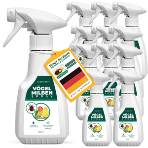 Zwölferpack Silberkraft Vögel Milben Spray – zwei 250-ml-Sprühflaschen zur Milbenabwehr bei Ziervögeln. Produktetikett zeigt eine rote Vogelmilbe und einen Wellensittich. Anhänger mit der Aufschrift 'Stoppt den Befall – Schnell & effektiv' sowie 'Made in Germany' mit deutscher Flagge. Enthält Zitroneneukalyptus für sofortige und langanhaltende Wirkung