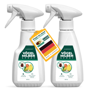 Doppelpack Silberkraft Vögel Milben Spray – zwei 250-ml-Sprühflaschen zur Milbenabwehr bei Ziervögeln. Produktetikett zeigt eine rote Vogelmilbe und einen Wellensittich. Anhänger mit der Aufschrift 'Stoppt den Befall – Schnell & effektiv' sowie 'Made in Germany' mit deutscher Flagge. Enthält Zitroneneukalyptus für sofortige und langanhaltende Wirkung
