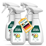 Confezione da quattro spray per acari per uccelli Silberkraft: due flaconi spray da 250 ml per repellente per acari sugli uccelli domestici. L'etichetta del prodotto mostra un acaro rosso e un pappagallino. Ciondolo con la scritta "Stop all'infestazione - rapidamente ed efficacemente" e "Made in Germany" con una bandiera tedesca. Contiene eucalipto limone per effetti immediati e duraturi