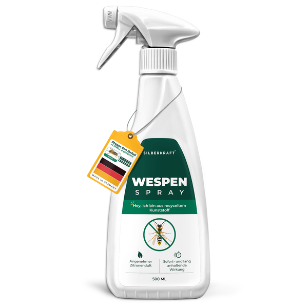 Spray per vespe Silberkraft 500 ml - parte anteriore del flacone spray in plastica riciclata con effetto immediato e duraturo contro le vespe.