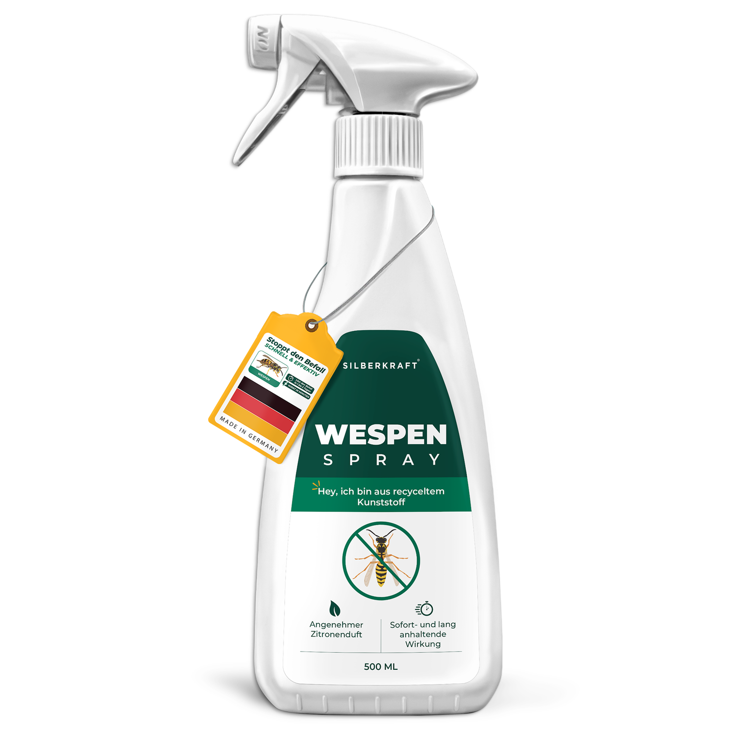 Silberkraft Wespenspray 500 ml – Vorderseite der Sprühflasche aus recyceltem Kunststoff mit sofortiger und langanhaltender Wirkung gegen Wespen.