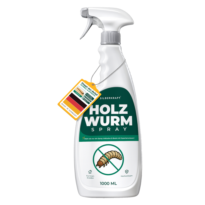 Spray antitarlo Silberkraft Flacone spray da 1000 ml (1 litro) con simbolo del tarlo, sigillo Made in Germany e riferimento all'eBook dell'esperto incluso.