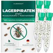 Silberkraft Lagerpiraten gegen Museumskäfer und Kabinettkäfer – natürliche Nützlinge zur chemiefreien Bekämpfung von Museumskäfern im Haushalt, aus deutscher Zucht, 4 x30 Lagerpiraten pro Röhrchen