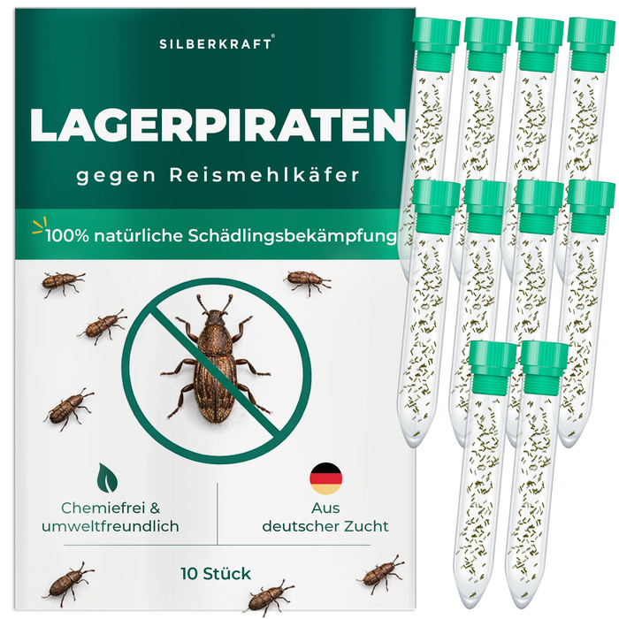 Silberkraft lager pirates contro gli scarabei della farina di riso, insetti benefici naturali per la lotta senza sostanze chimiche sugli scarabei della farina in casa, da allevamento tedesco, 10x 30 lager pirates per tubo