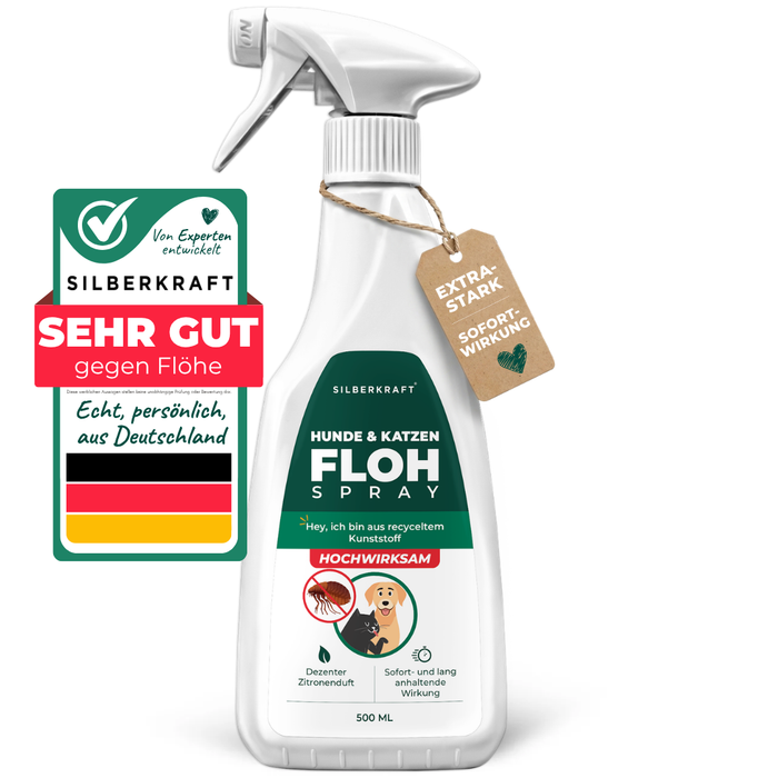Silberkraft Flohspray für Hunde und Katzen, 500 ml Sprühflasche mit grün-weißem Etikett, Gütesiegel „Sehr gut gegen Flöhe“ und Anhänger „Extra Stark Sofortwirkung“ – hochwirksames Mittel mit dezentem Zitronenduft, hergestellt in Deutschland
