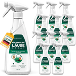 Dodici flaconi di spray antipidocchi Silberkraft per tessuti. Design bianco-verde con la scritta "Delicato profumo di limone" e "Effetto immediato e duraturo". L'etichetta dice "Ehi, sono fatto di plastica riciclata". Una bottiglia ha un'etichetta gialla con la bandiera tedesca e la scritta "Made in Germany - Blocca l'infestazione in modo rapido ed efficace".