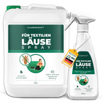 Flacone da 2,5 litri di spray antipidocchi Silberkraft per tessuti. Design bianco-verde con la scritta "Delicato profumo di limone" e "Effetto immediato e duraturo". L'etichetta dice "Ehi, sono fatto di plastica riciclata". Una bottiglia ha un'etichetta gialla con la bandiera tedesca e la scritta "Made in Germany - Blocca l'infestazione in modo rapido ed efficace".