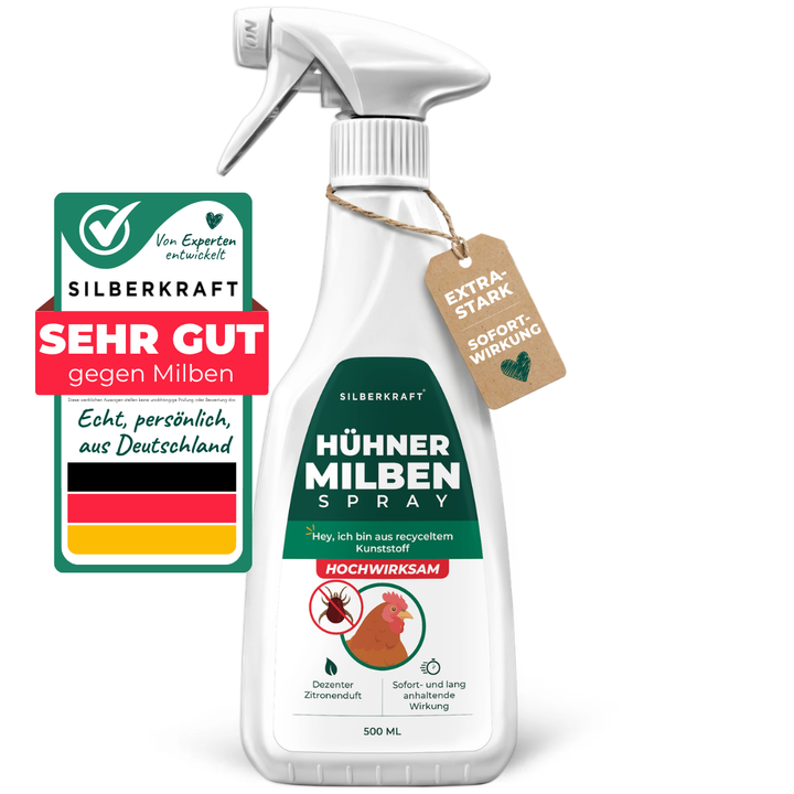 Silberkraft Spray anti-acari per polli, flacone spray da 500 ml con etichetta verde e bianca, sigillo di qualità "Ottimo contro gli acari" e cartellino "Extra forte effetto immediato" – prodotto altamente efficace con un delicato profumo di limone, prodotto in Germania