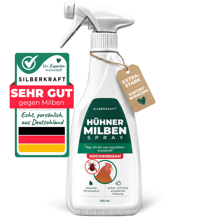 Silberkraft Milbenspray für Hühner, 500 ml Sprühflasche mit grün-weißem Etikett, Gütesiegel „Sehr gut gegen Milben“ und Anhänger „Extra Stark Sofortwirkung“ – hochwirksames Mittel mit dezentem Zitronenduft, hergestellt in Deutschland