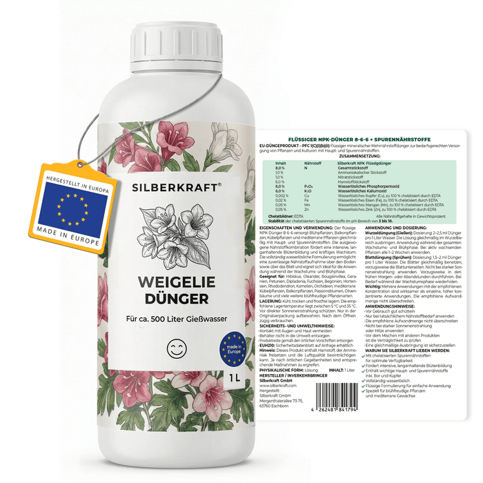 Weigeliedünger – Mineralischer NPK Flüssigdünger mit Stickstoff – Dünger für Weigelie – Blühsträucher-Dünger - Silberkraft