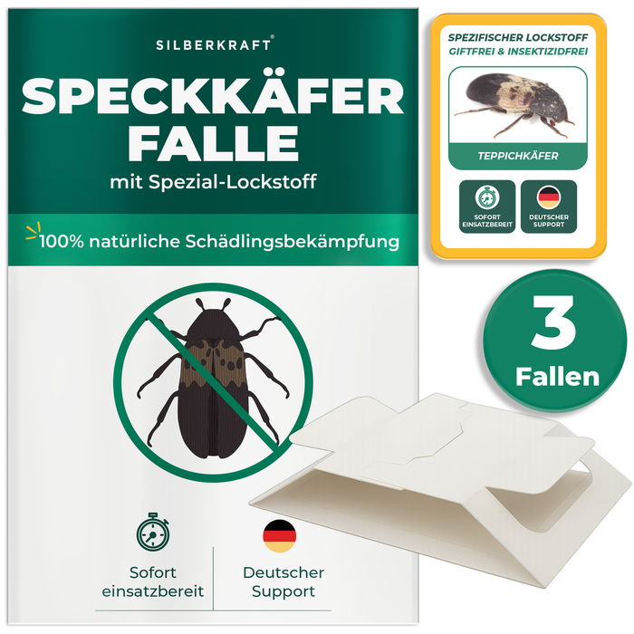 3x Silberkraft Speckkäferfalle mit Spezial-Lockstoff – Klebefalle gegen Speckkäfer und Teppichkäfer, sofort einsatzbereit