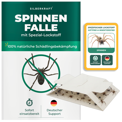 Silberkraft Spinnenfalle mit Spezial-Lockstoff – Klebefalle gegen Spinnen, biozidfrei, insektizidfrei und sofort einsatzbereit