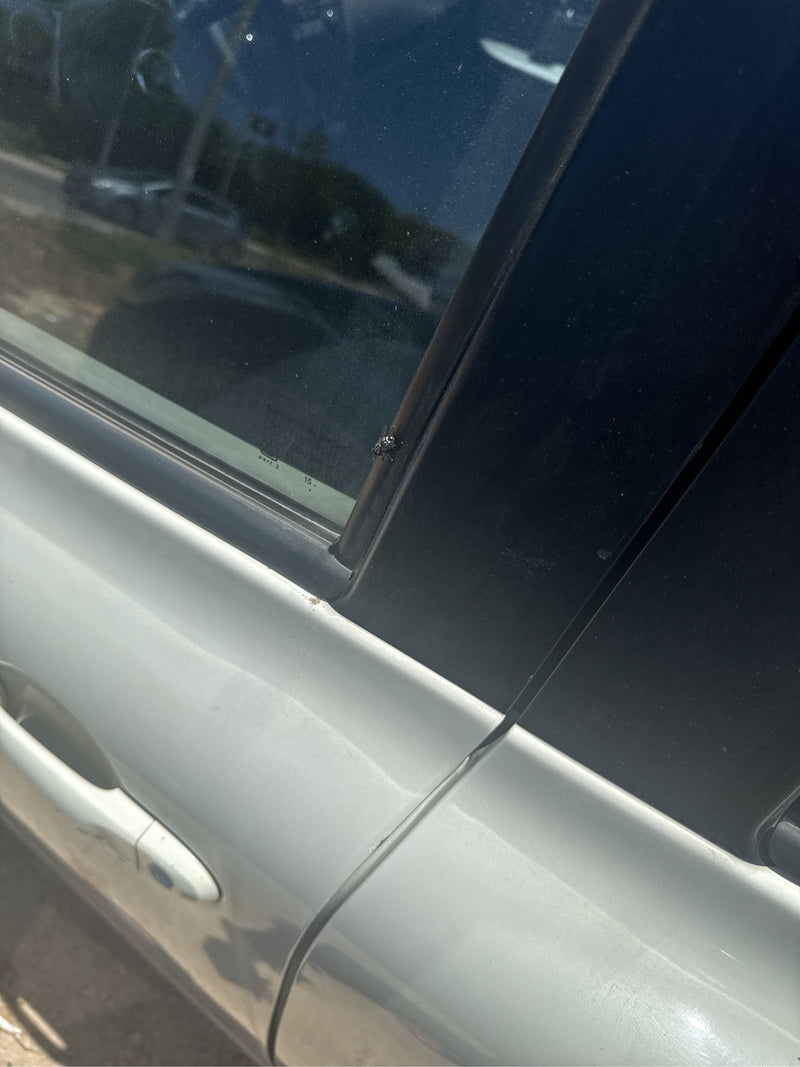 Una mosca cavallina è seduta sul finestrino o sul telaio della portiera di un'auto. L'insetto è molto piccolo rispetto all'ambiente circostante.