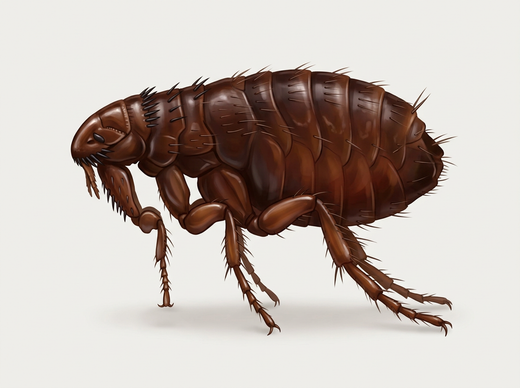 Pulce del gatto (Ctenocephalides felis) di lato: pulce marrone scuro, appiattita lateralmente con zampe forti che saltano