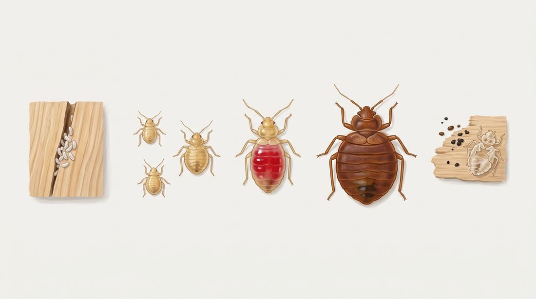 Sviluppo della cimice dei letti: uova bianche in una fessura del legno, larve di colore chiaro di varie dimensioni, una larva satura di rosso e una cimice adulta di forma ovale-piatta rosso-marrone