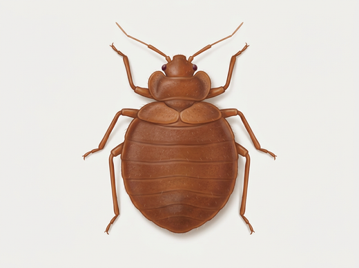 Cimice dei letti (Cimex lectularius) dall'alto: corpo piatto-ovale, bruno-rossastro, senza ali