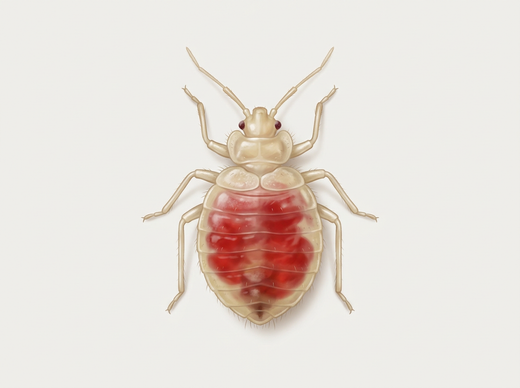 Giovane larva di cimice (ninfa) dall'alto: piccola, leggera e traslucida, con l'addome pieno di rosso